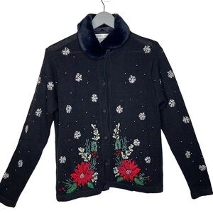 Victoria Jones Embellished Poinsettia Snow Flake Cardigan Removable Fur Collar M